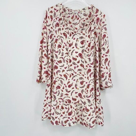 Old Navy Dresses & Skirts - Old Navy Size Small Long Sleeve Tie Neck Cream & Pink Floral Paisley Midi Dress